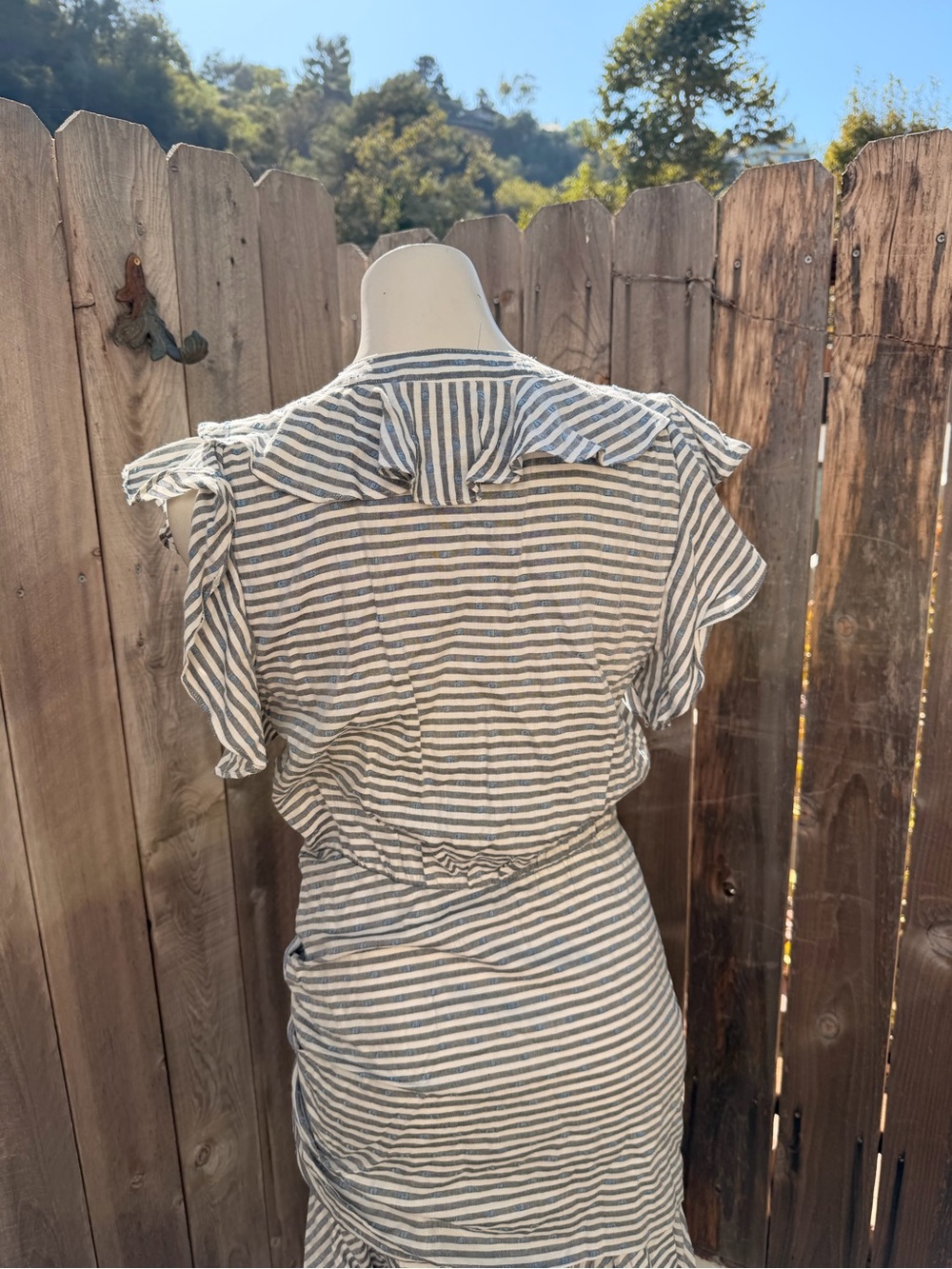 Veronica Beard Kai Striped Ruffle Button-Front Mini Dress in Blue & White - Picture 12 of 13
